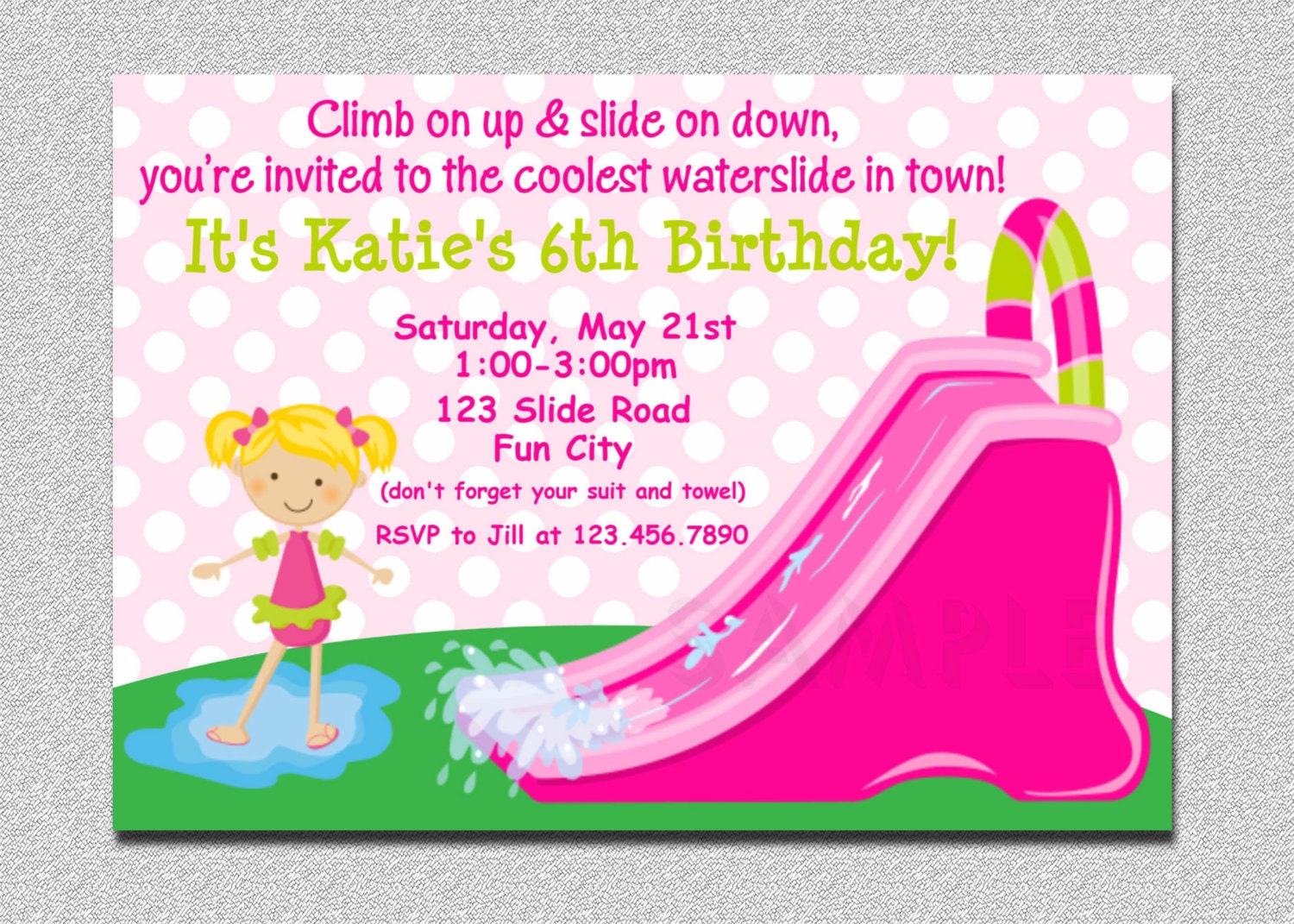 Waterslide Birthday Party Invitation, Inflatable Water Slide Girls Party, Summer Pool Printable