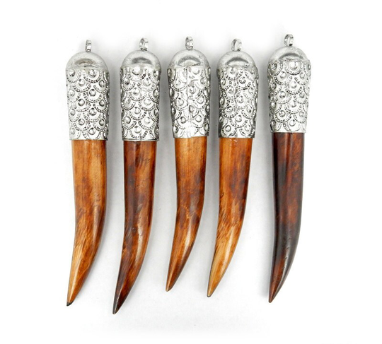 Tibetan-style Brown Colored Horn With Silver Toned Brass Cap & Bail | S79B7-02