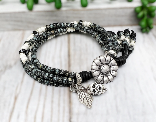 Beaded Wrap Bracelet/ Black Seed Bead Bracelets For Women/ Boho Bracelets/ Four Strand Leather Bracelet/Beaded