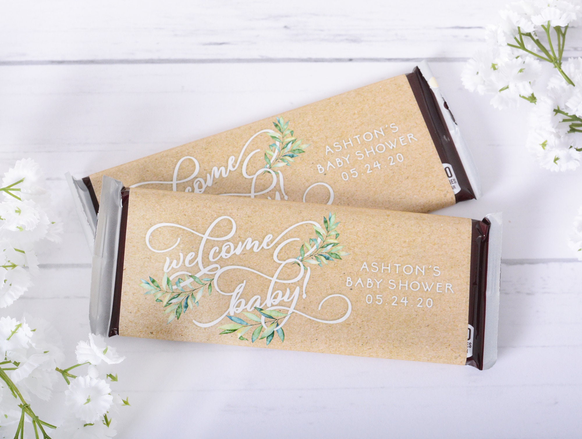 Greenery Candy Bar Wrappers, 25 Baby Shower Chocolate Wraps, Garden Stickers #bsihb-52