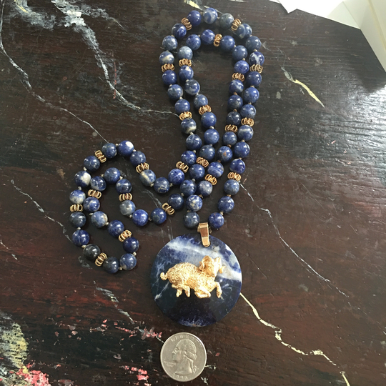 14Kt Gold, Tested, Amd Sodalite Zodiac Aries Necklace Circa 1970