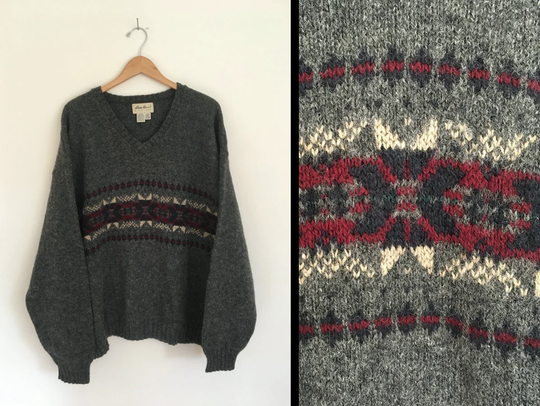 Vintage Eddie Bauer Wool Blend Sweater - Gray with Nordic/Fair Isle Design V-Neck Collar Pullover Men's Size Extra Large | xl