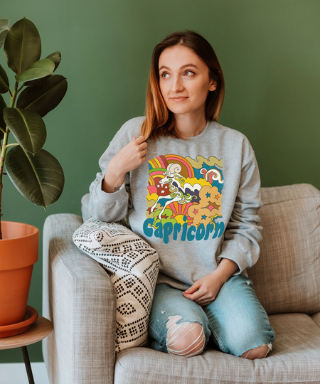 1970S Capricorn Zodiac Sweatshirt - Vintage Celestial Hippie Unisex Pullover December January Birthday Long Sleeve