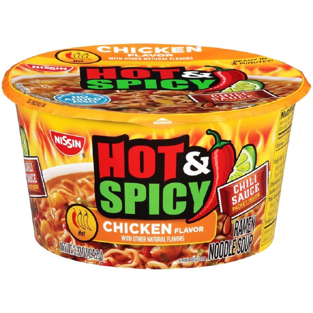 Nissin Ramen Noodle Soup, Hot & Spicy Chicken - 3.32 oz