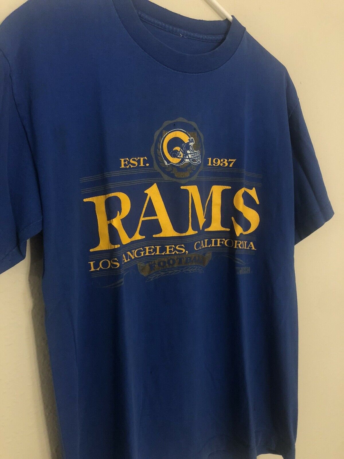 Vintage 1990S Los Angeles Rams Nfl Football T-Shirt Trench M/L Single Stitch Blue