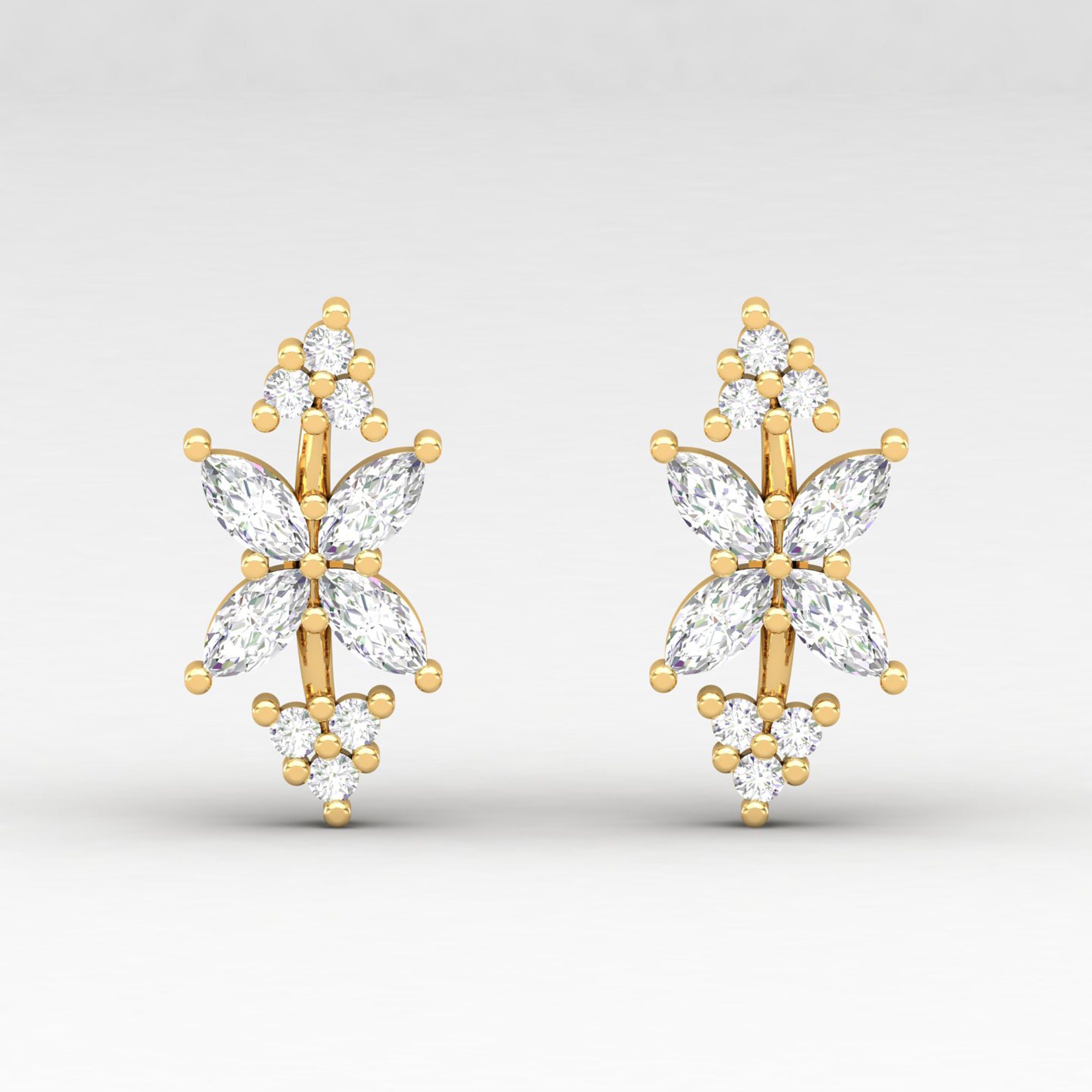 Curved Diamond Ear Climbers, Marquise Helix Piercing, Solid Gold Earring For Women, Earrings