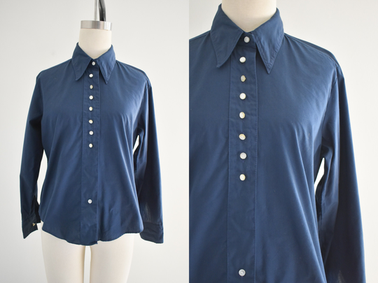 1960S Lady Marlboro Navy Cotton Blend Blouse