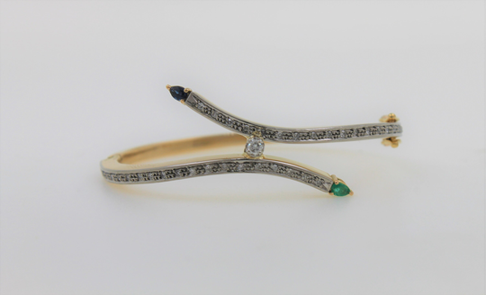 Vintage 1950S Handmade 14K Yellow Gold Diamond Sapphire Emerald Bangle Bracelet