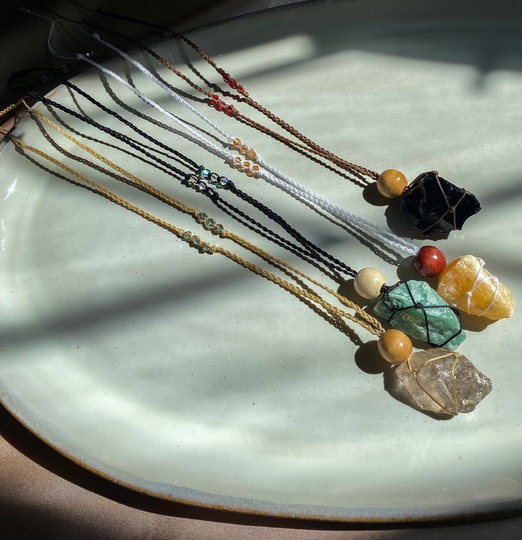 Crystal Macrame Necklace | Handmade Spiritual Jewelry Adjustable Cord Natural Raw Stone One Of A Kind