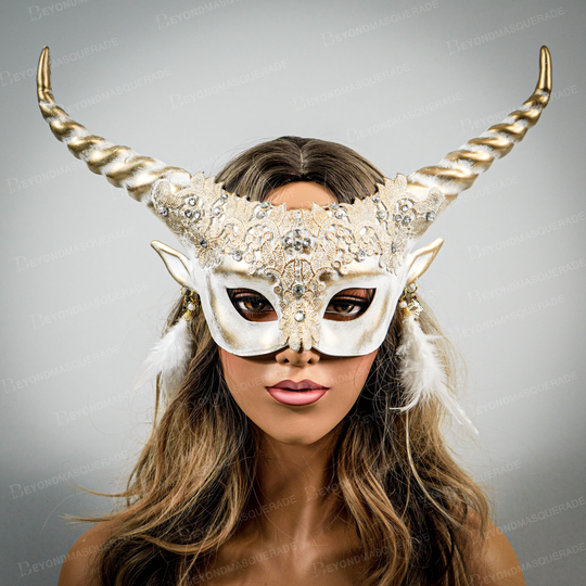 White Forest Fairy Antlers Ram Horns Headband Halloween Masquerade Mask, Hair Decor Costume Feather Earrings, Cosplay