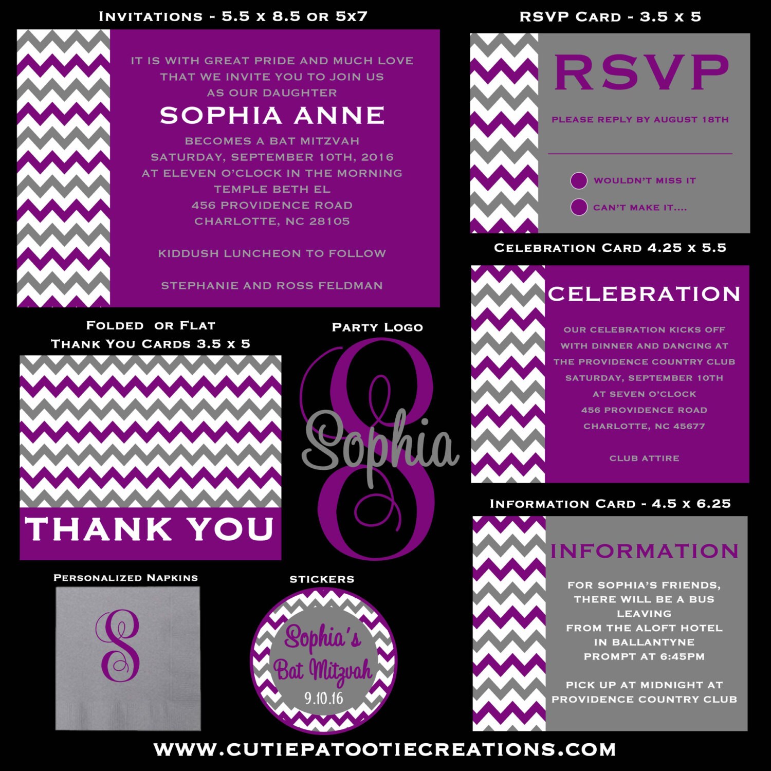 Purple & Grey Chevron Bat Mitzvah Invitations - Customize Color, Pattern Design Add Rsvp Card, Celebration Envelope Addressing
