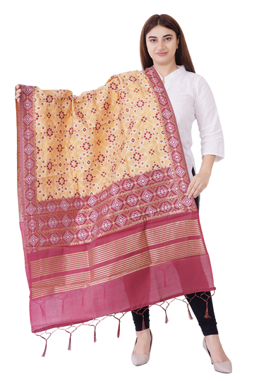 Women's Woven Silk Blend Patola Ikkat Dupatta/Chunni Color -Beige Free Shipping