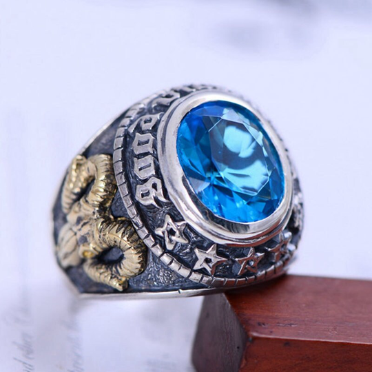 Sheep Head Evil Eye Sterling Silver Ring, Ram Blue Gemstone Gift For Father