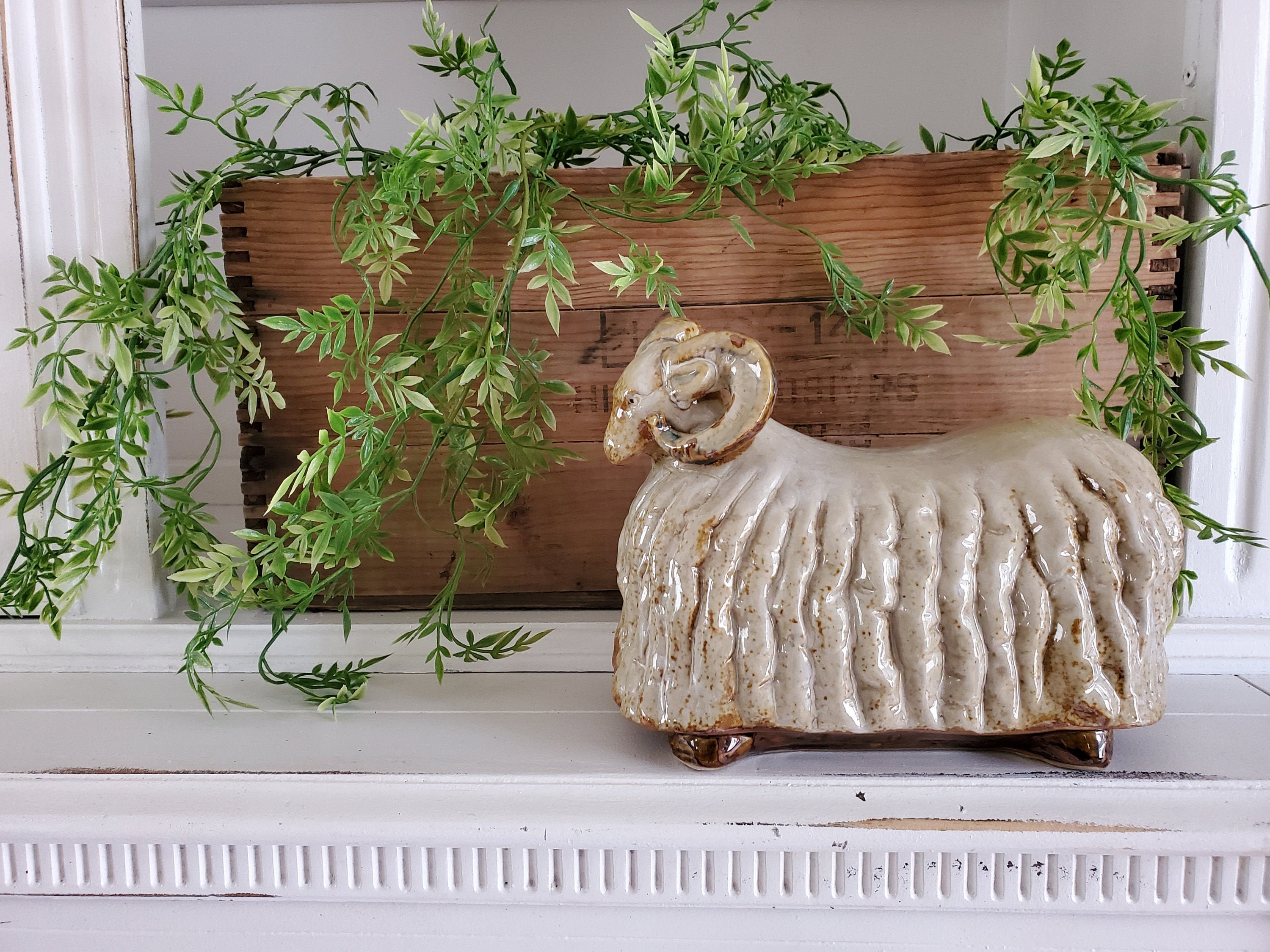 Vintage Glazed Pottery - Ram Statue Fat Sheep Collectibles Ceramics Home Decor Nursery, Office, Kitchen Head Glaze