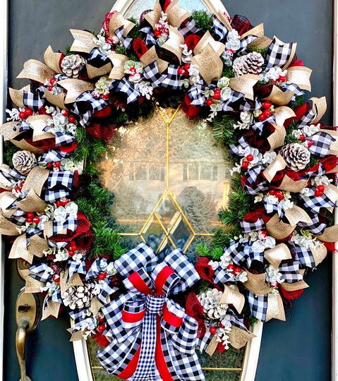 Large Buffalo Plaid Christmas Door Decor, 40 Inch Wreath, Plaid, Red Berries, Frosted Eucalyptus, Wreath For