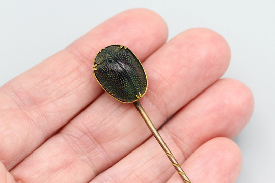Green Beetle Art Deco Stick Pin, & Gold Yellow Hat Antique 1920S Insect Jewelry, Tortoise Scarab Jewelry
