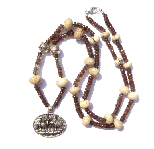 Long Beaded Necklace, Hand Knotted Andalusite & White Turquoise Necklace With Sterling Elephant Pendant