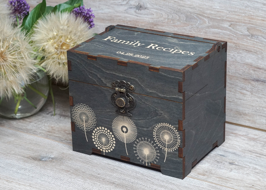 Recipe Box With Dandelions, Dividers & 4x6 Recipe Cards Personalized Engraved Wood Bridal Shower Decor Mothers Day Gift Christmas