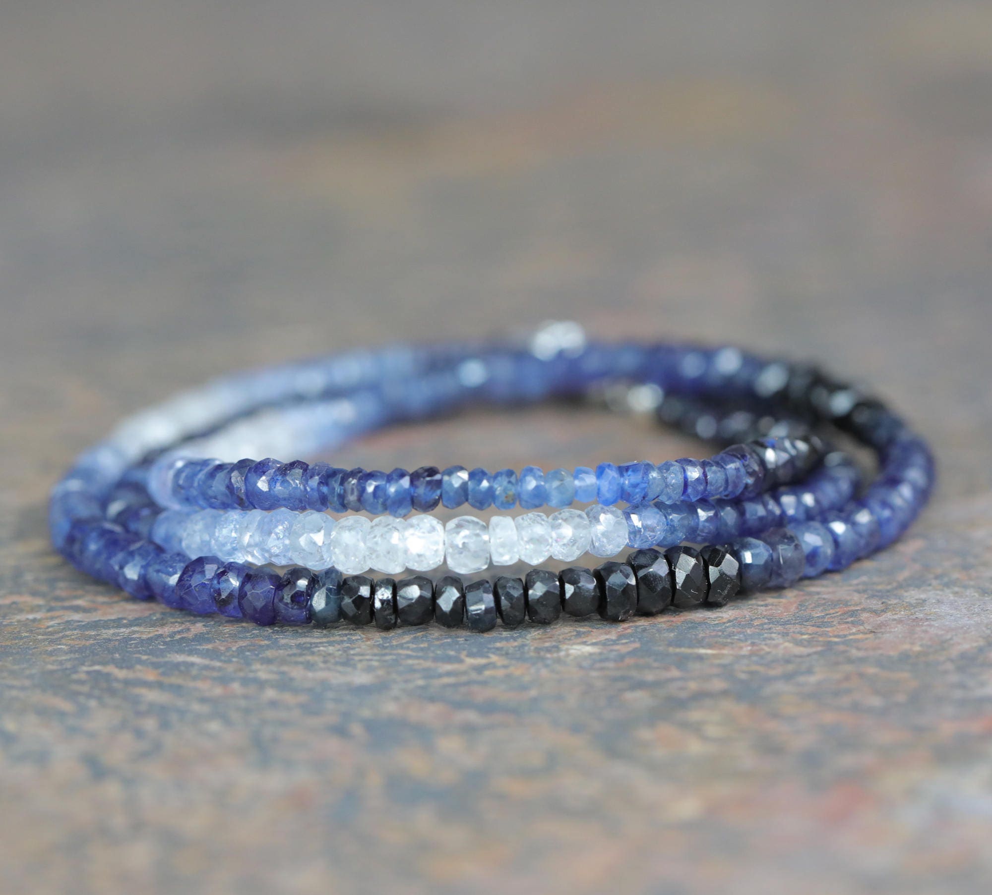 Ombre Blue Gemstone Sapphire Bracelet Shaded Sapphire Wrap Bracelet Sterling Silver 3 Strand September Birthstone Gift For Her