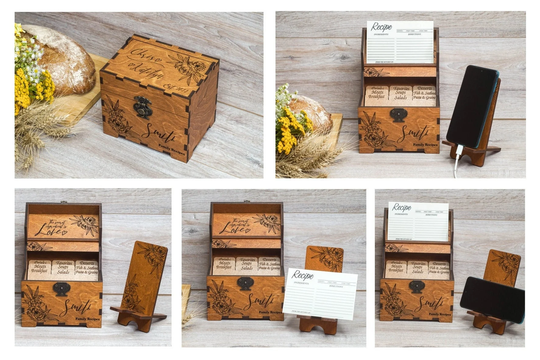 Recipe Box With Peonies, Dividers & 4x6 Recipe Cards Phone Stand Personalized Engraved Wood Peony Bridal Shower Mothers Day