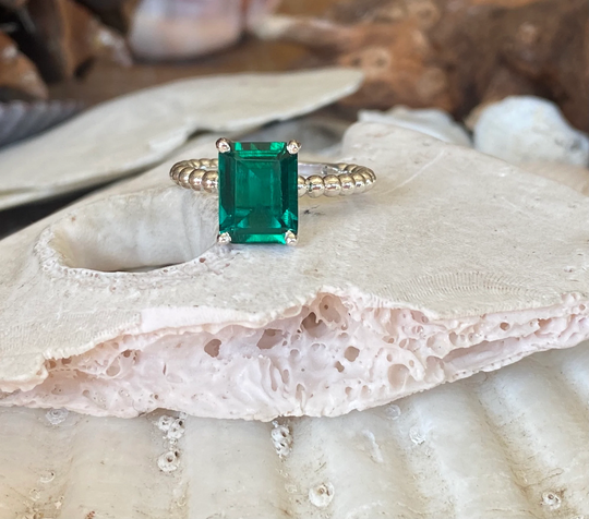 14K Gold Emerald Ring, Engagement Cut Solitaire Beaded Band, May Birthstone