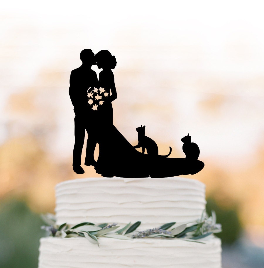 Wedding Cake Topper With Cats, Bride & Groom Wedding Cake Silhouette, Cat Black Acrylic 2 Cats