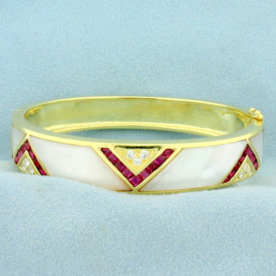 Ruby, Mother Of Pearl & Diamond Bangle Bracelet in 18K Yellow Gold