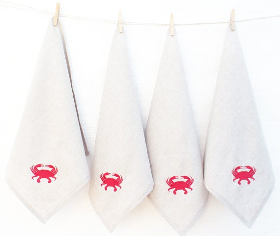 Crabs Napkins, Embroidered Nautical Napkins, Beach House Decor, Cotton Napkins , Seafood Napkins, Red Crab Napkins, Blue Napkins, Hostess Gift