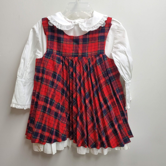 Vintage Girls Red Plaid Wool Blend Jumper & White Dress By Goodlad - Size 3T - Gently Worn - Christmas Dress - Holiday Party - Lace Trim