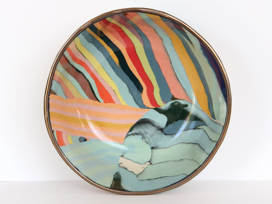 Rainbow Stripe Nerikomi Bowl, Colorful Tropical Stoneware Dish, Abstract Colorful Ceramic Sharing Bowl, Vibrant Stoneware Gold Passing Dish