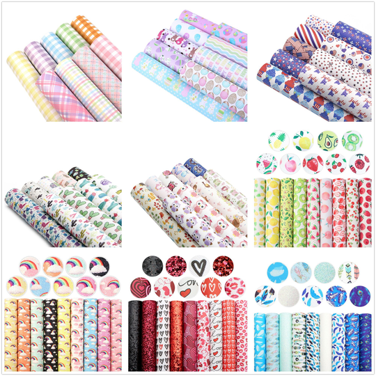 9Pcs/Pack Faux Leather Sheets Bundle, Fruit Cactus Feather Rainbow Owl Heart Designs, Crafts Supplies For Earrings Hair Bows Leather