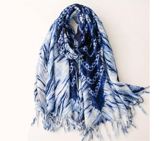Ethnic Print Linen Blend Scarf | Summer Scarves For Women Light Weight Navy Blue White Head Covers Hair Wraps Stole Bohemian Shawls Tassels