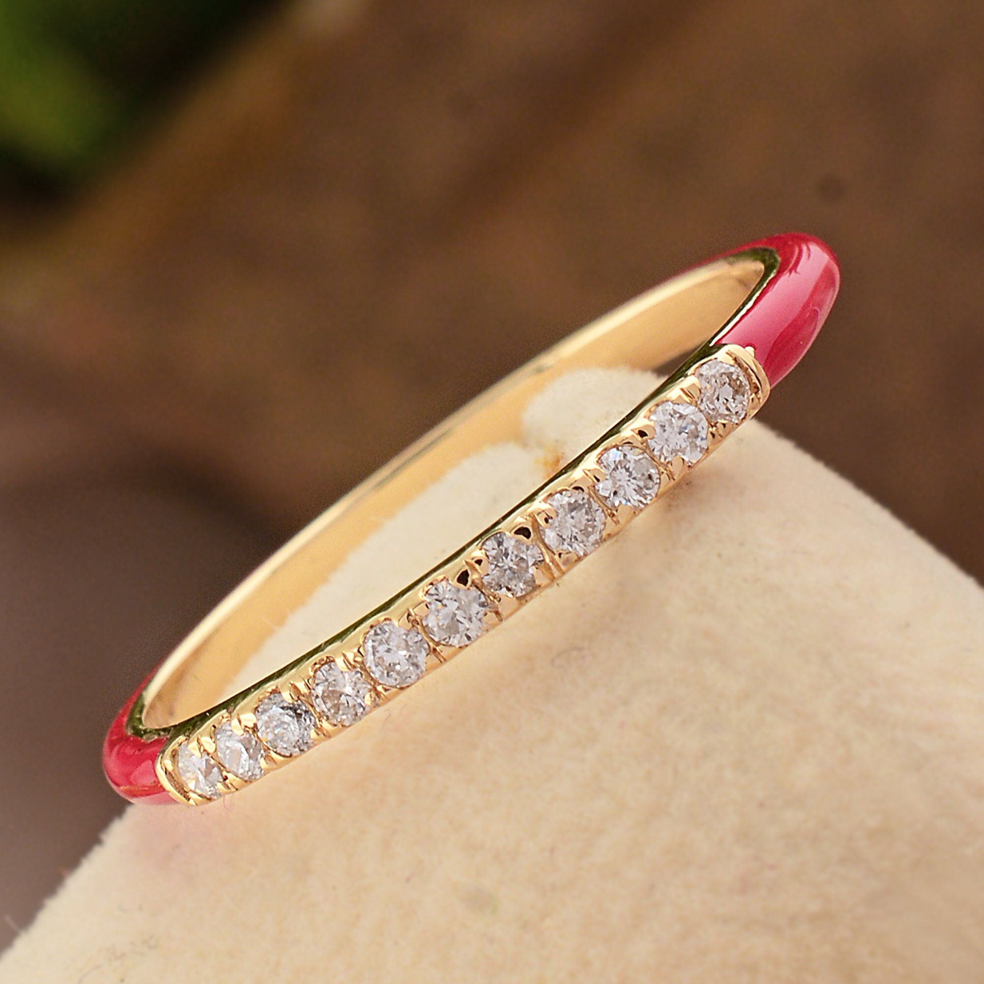Diamond Red Enamel Ring, 14K Solid Yellow Gold Stackable Simple Unique Cute Mother's Day Gift