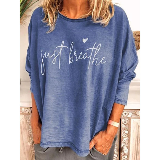 Printed Letter Casual Long Sleeve Cotton-Blend Linen Shirts Women Blouses - Blue, XL