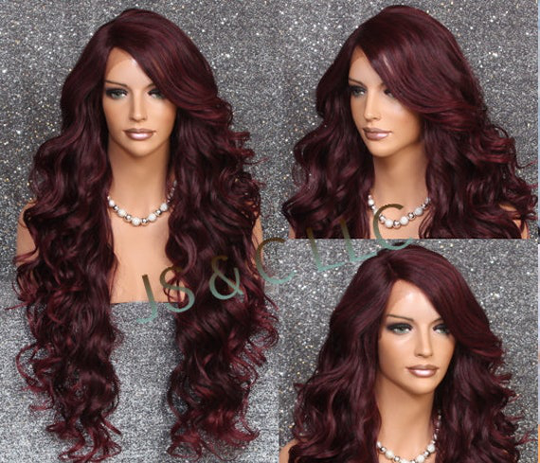 Burgundy Mixed Human Hair Blend Lace Front Wig Curly Mono Part Layered Heat Ok Cancer Alopeica Theatrical Character Anime Emo