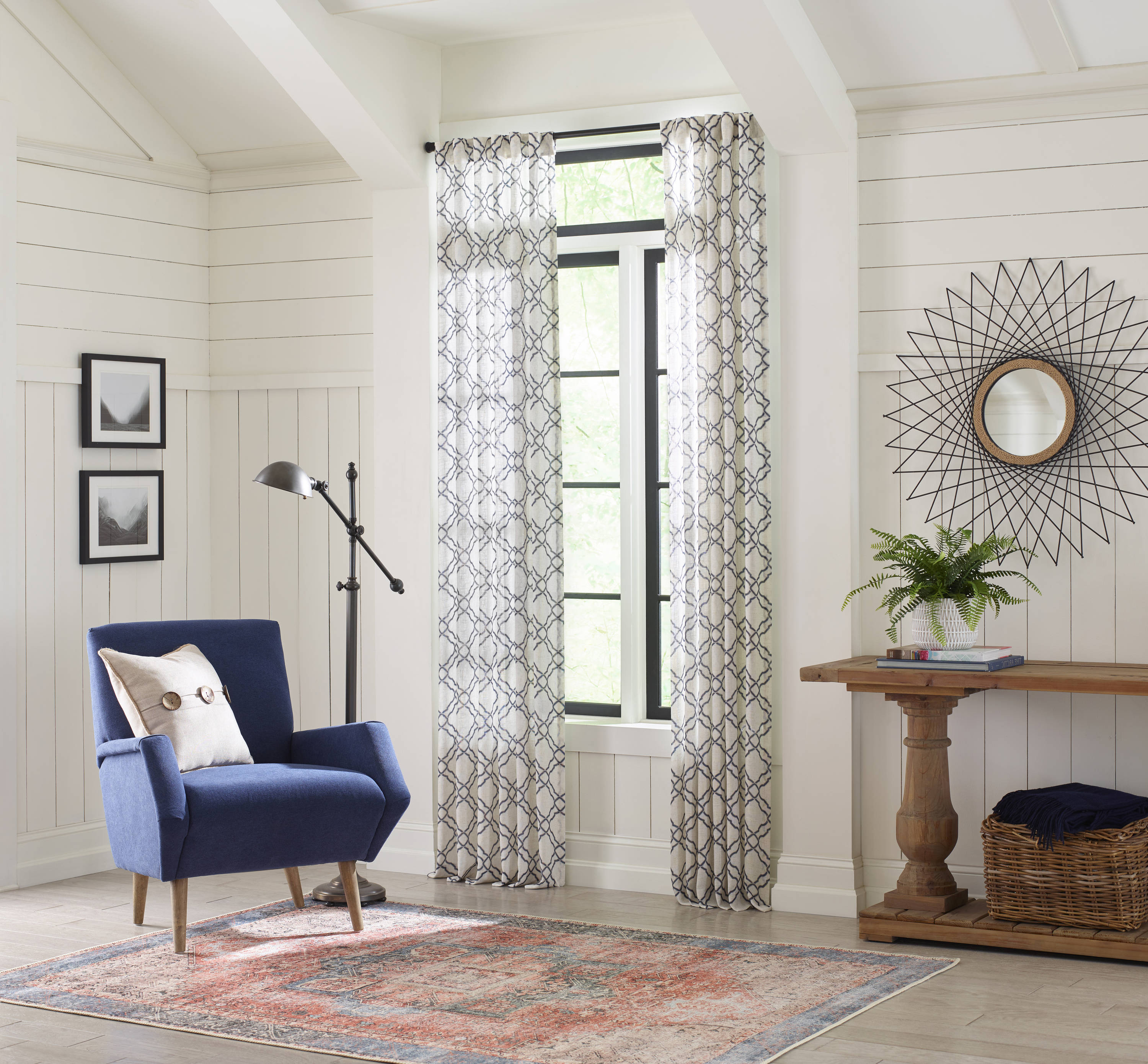allen + roth 84-in Navy Polyester Blend Light Filtering Back Tab Single Curtain Panel in Blue | 3728095