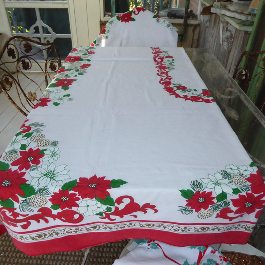 Vintage Medium Weight Cotton Blend Large Christmas Tablecloth Red Border Poinsettias Pine Cones 81"L X 60"W Made in Brazil