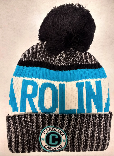 Carolina Blue/Black/White Blended Tri Color Pom Beanie. Adult One Size Will Easily Stretch To Fit Most All Great Quality Warm