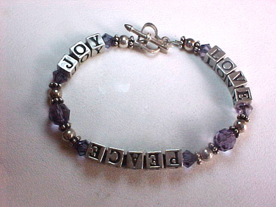 Vintage Love Peace Joy Sterling Silver Amethyst 7 Inch Beaded Bracelet