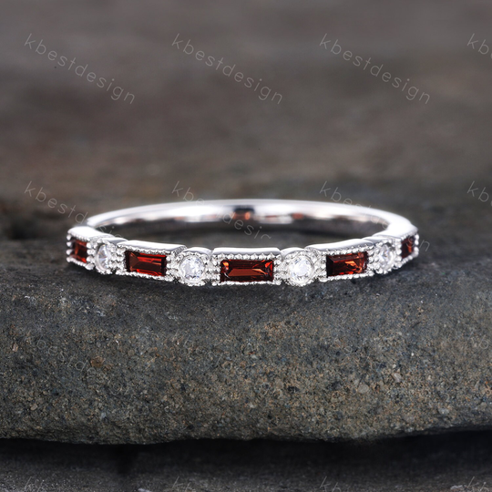 Garnet Ring, Baguette Wedding Band, Art Deco Half Eternity January Birthstone Gemstone Anniversary Gift, Sliver