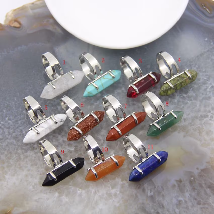 Natural Unakite/Aventurine/Obsidian/Turquoise/White Quartz/Lapis Lazuli Stick Rings, Simple Style Hexagon Pointed Quartz Adjustable Rings