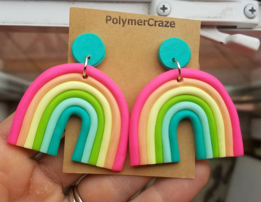 Handmade Polymer Clay Bright Rainbow Statement Earrings, Colorful Dangle Earrings