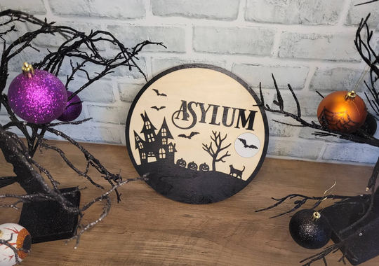 Happy Halloween Asylum Castle Bats Wood Wall Door Hanger