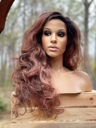20" Amber Brown Curly Dark Root Multi-Directional Parting Lace Front Wig | Human Hair Blend