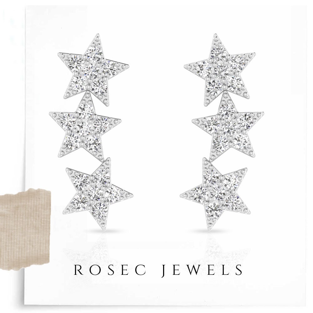 star Climber Earrings, 1/4 Ct Diamond Ear Crawler, 3 Earrings