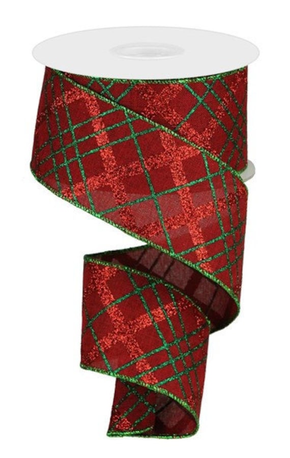 Burgundy Red Green Christmas Plaid Wired Ribbon By The Roll For Wreaths Or Bows 2.5 X 10 Yard Roll