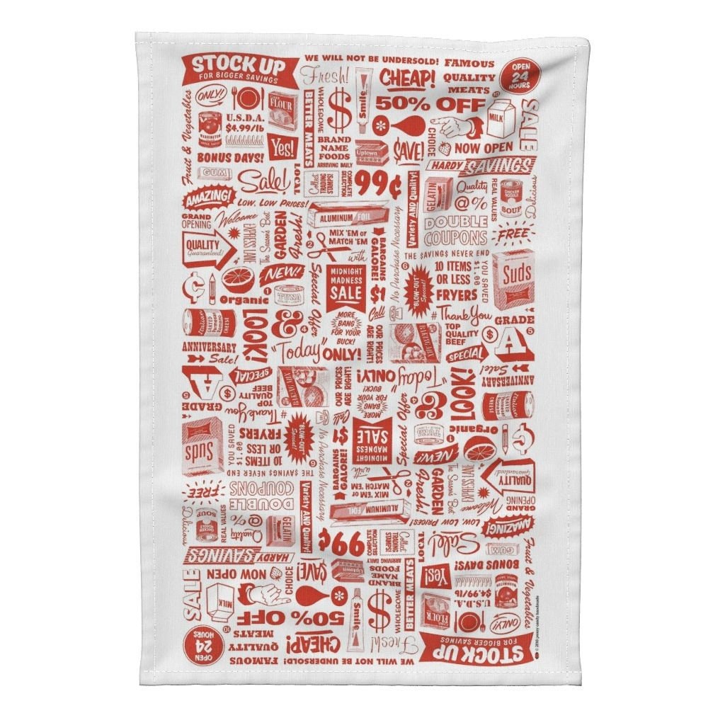 Retro Tea Towel - Stock Up Tomato Soup Text Grocery Vintage By Pennycandy Linen Cotton Spoonflower Home Decor