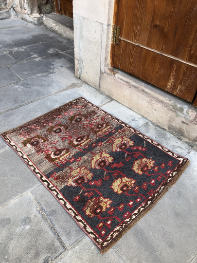 Turkish Rug, Vintage Floral Shaded Blue Door Mat, Entryway Low Pile Handmade Rug