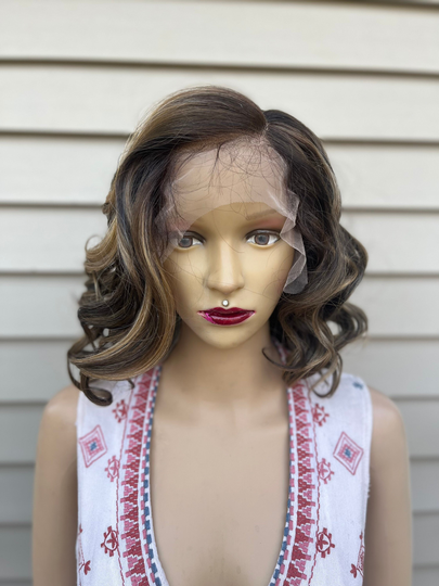 Short Curls Brown/Highlightslace Front Human Hair Blend Daily Wig