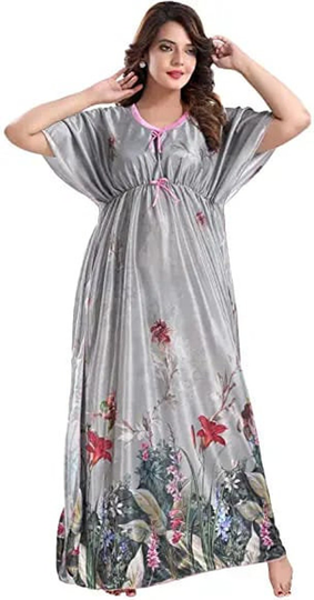 Women's Satin Blend Printed Kaftan Night Gown/Maxi Ankle Length, Sleepwear Comfortable, Wear For Women(Multicolor